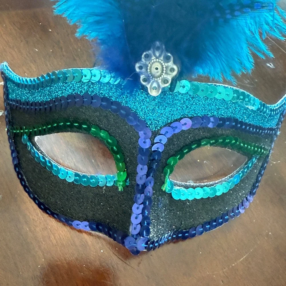 Colorful Feathered Masquerade Mask turquoise green cobalt blue sequined feathers